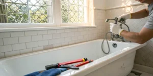 A person uses tools to repair a bathtub drain pipe leak.