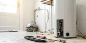 Troubleshooting a hot water heater with its panel open and tools on the floor.