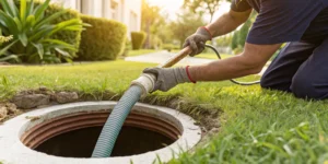 Person cleaning out sewer pipes with a hose from an outdoor sewer cleanout.