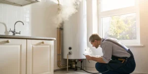A water heater repair company professional fixing a leaking, steaming tank.