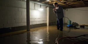 Homeowner inspecting a flooded basement caused by a sewer back up.