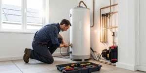A person using tools to repair a home's hot water heater.