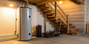 Hybrid water heater in a basement requiring repair.