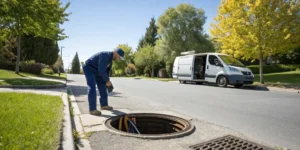 Plumber inspecting an open sewer line to determine the cleaning cost.