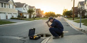 Plumber inspecting a home's main water line for potential issues.