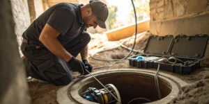 A plumber calculates the cost of trenchless sewer line replacement using a camera.
