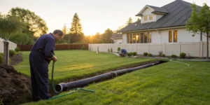 Trenchless sewer pipe replacement in a yard, a cost-effective alternative to traditional digging.