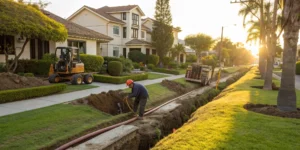 Excavated trench for a sewer pipe replacement, a major factor in the overall cost.