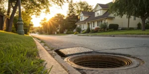 An open sewer line on the street showing the connection from the house.