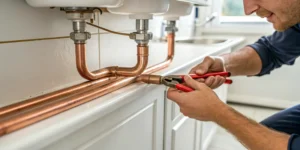 A plumber uses a wrench to repair a leaking copper water line.