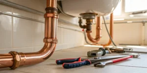 Copper water pipe under a sink with the necessary tools for a leak repair.