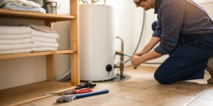 A person performing a DIY repair on a leaking water heater.