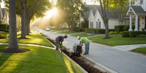 Workers perform a trenchless sewer repair on a residential lawn with minimal digging.