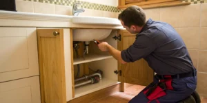 Plumber uses a wrench for a water heater leak repair on a pipe connection.