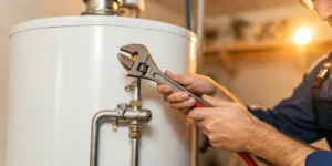 Plumber uses a wrench to perform a water heater repair in San Diego, CA.
