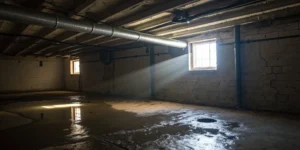 A damp basement with a wet floor and exposed pipes, a common reason why a basement smells like sewer.