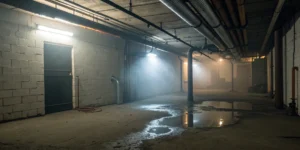 A damp basement with exposed pipes, a reason why your basement smells like sewer.