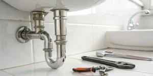 A leaky bathroom sink drain pipe with tools ready for repair.