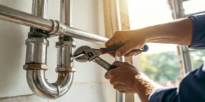 Galvanized water line repair using a wrench on a leaking pipe joint.