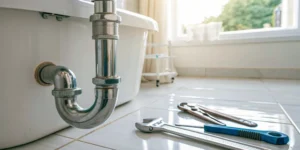 An assortment of sewer drain pipe cleaners and tools ready for use on a clogged sink.