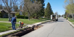 Workers use minimal digging for a trenchless sewer repair, a key factor in the total project cost.