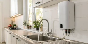A tankless water heater installed by a professional plumber, providing instant hot water.
