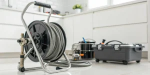 A professional sewer line cleaning machine with a heavy-duty cable for tough clogs.