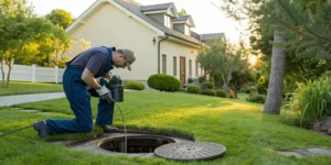 Plumber inspecting a sewer line to find and get rid of a strong sewer odor.