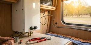 A person using tools to perform a DIY repair on an RV water heater.