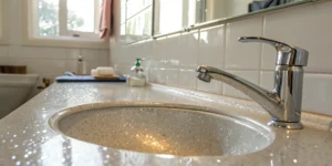 A clean bathroom sink maintained by a professional sewer line cleaning service.