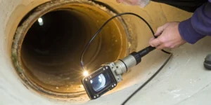 A sewer video inspection camera checks a pipe for blockages and potential damage.