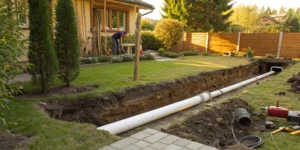 A new underground PVC sewer pipe being installed in a residential yard trench.