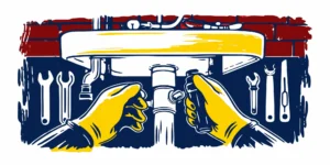 Hands in yellow gloves installing a sewer pipe repair sleeve into a damaged pipe.