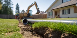 Trenchless sewer pipe bursting equipment installing a new sewer line in a yard.