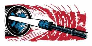 A hydro jetting nozzle clears a tough blockage from a sewer line with a high-pressure water stream.