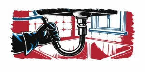 A gloved hand cleaning the drain line under a kitchen sink.